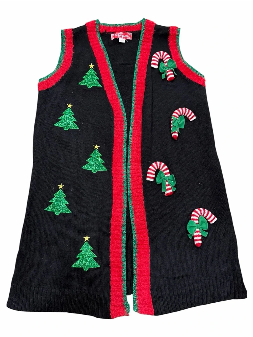 Christmas Embroidered Open Duster Cardigan Sweater Vest Size Medium Black
